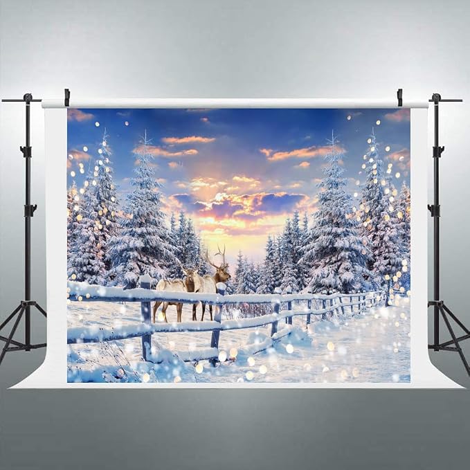 Winter Wonderland Christmas Backdrop 12x10ft for Photography Forest Reindeer Snow Winter Scene Backdrop for Pictures Christmas Party Holiday Background Decorations Photo Booth