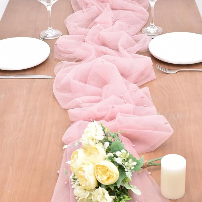 Dusty Rose Pearl Table Runner Boho Rustic Tulle Lace Dining Baby Shower Wedding Arch Decor Veil Dessert Holiday Centerpiece Table Decor