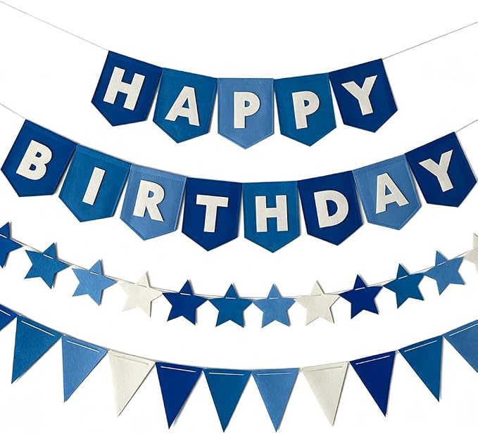 Yancan Blue Happy Birthday Banner for Women Men Boys Girls Party Decoration | Pre-strung Felt Happy Birthday Banner, Star Garland, Triangle Flags