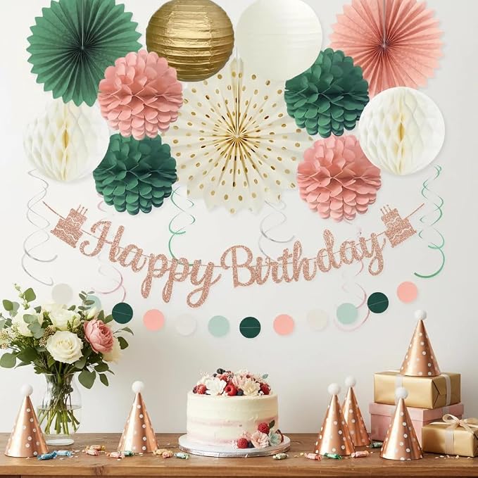 Pink Sage Green Birthday Party Decorations, Happy Birthday Banner with Honeycomb Balls, Paper Flowers, Fans, Lanterns, Circle Garland for Boys Girls, 1st Birthday, Garden Party Decor 19pcs