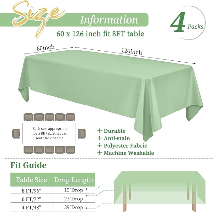 Showgeous 4 Pack Sage Green Rectangle Tablecloth 60 x 126 Inch, Wrinkle & Stain Resistant, Perfect for 6ft & 8ft Tables, Wedding, Banquet, Everyday Use
