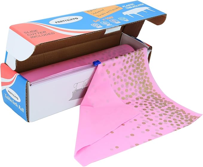 Plastic Tablecloth Roll – 54" x 100' Plastic Tablecloths for Parties Disposable with Cutter Box - Cut to Size Disposable Tablecloth for Rectangle & Round (Gold Dots-Pink)