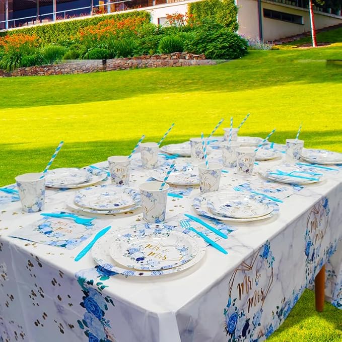 MEHOFOND 169 pcs Blue Wedding Decorations, Mr and Mrs Wedding Disposable Dinnerware, Floral Printed Bridal Shower Plates and Napkins Sets, Paper Plates Cups Party Supplies, Serve 24 Guests