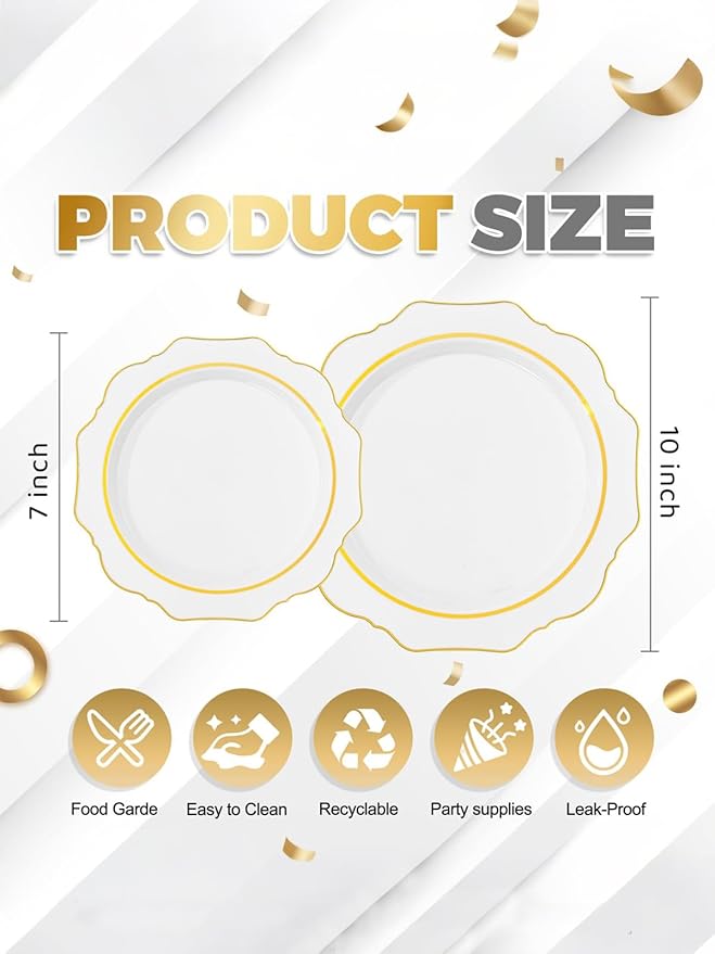 WDF 100PCS White and Gold Plastic Plates - Gold Disposable Plates - Include 50 Dinner & 50 Dessert Plate for Party - Heavy Duty Fancy Plastic Plate for Wedding/Bridal shower/Mother's Day