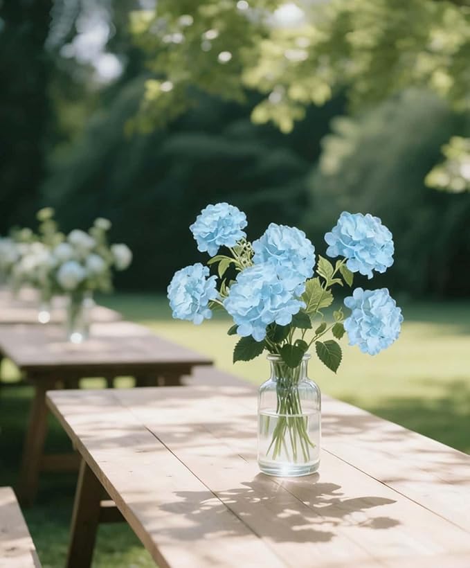 50 Pack Artificial Light Blue Hydrangea Flowers with Leaves, 6 Inch Silk Flower Heads, DIY Mother's Day Wedding Decor Set with 100 Leaves, 50 Stems