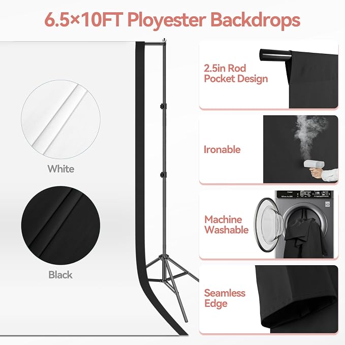 7 x 10 FT Photo Video Studio Backdrop Stand Kit, Photography Background Support System with 6.5 x 10FT Black, White Backdrop, Clamps, Sandbags and Carry Bag for Photoshoot, Portrait