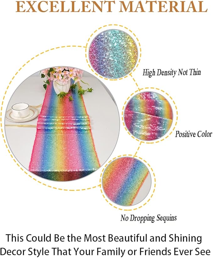 ShinyBeauty Multicolor Sequin Table Runner 12x108-Inch Party Table Runner Rainbow Sequin Runner -719S(Pack of 1)