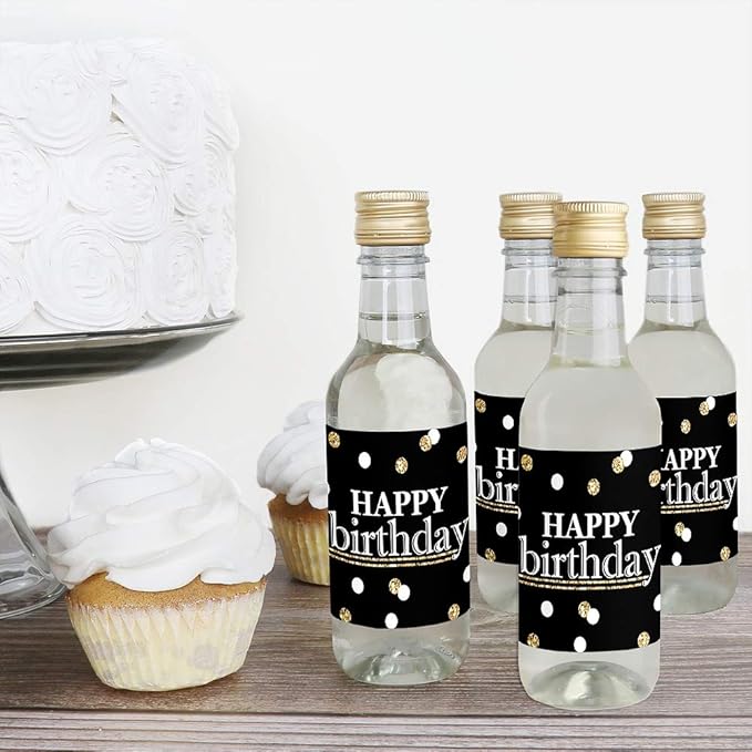 Big Dot of Happiness Adult Happy Birthday - Gold - Mini Wine and Champagne Bottle Label Stickers - Birthday Party Favor Gift for Women and Men - Set of 16