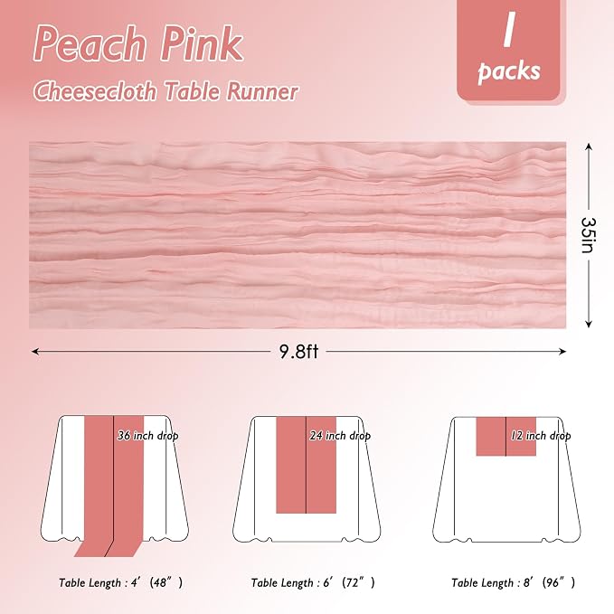 8 Pack Peach Pink Cheesecloth Table Runner 120 Inch 10FT Gauze Cheese Cloth for Baby Shower, Valentine's Day, Wedding Decoration, Birthday Party