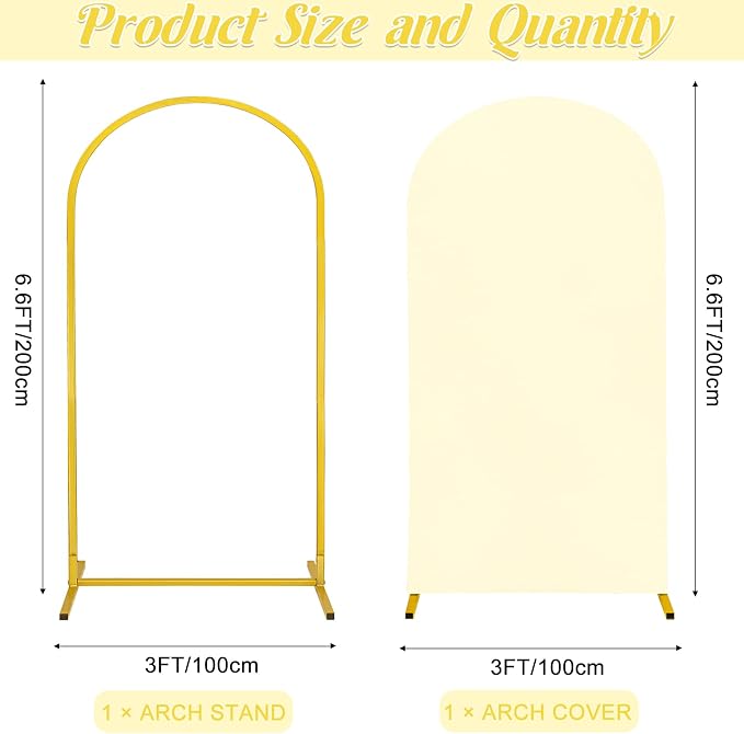 Metal Arch Stand and Cover Set,1 Ivory Spandex Fitted Backdrop with 1 Gold Wedding Arched Stand Frame for Parties Birthday Baby Shower Bridal Banquet Decoration (6.6FT)