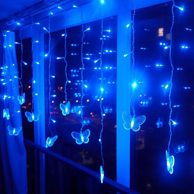 Blue Butterfly Curtain Fairy Lights USB Plug in,120 LED 8 Modes 20FT Firefly Twinkle Icicle String Lights with Remote Timer Waterproof for Bedroom Christmas Wedding Party Dorm Decor