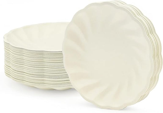 7" Disposable Paper Plates, Scalloped Paper Trays, 100% Biodegradable Beige Dessert Plates, Party Platters for Everyday Meals, Birthday, Wedding, Outdoor Parties, Picnics & Events (50Pcs)