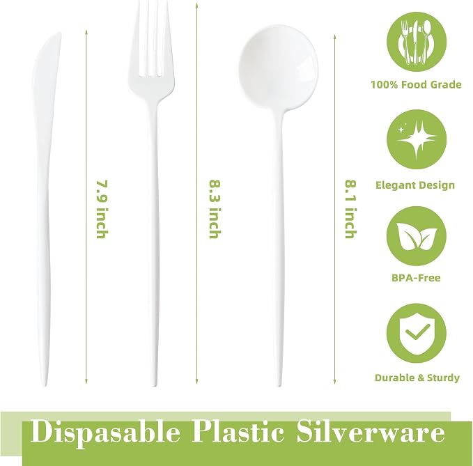 180PCS White Plastic Silverware,Heavy Duty Disposable Utensils Include 60 Forks,60 Spoons and 60 Knives,White Cutlery Plastic Silverware Sets for Party, Birthday,Wedding