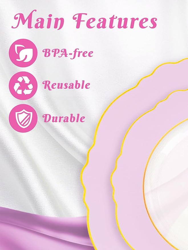 WDF 60Pcs Pink Plates Disposable with Gold Rim - Baroque Clear Pink and Gold Plastic Party Plates Ideal for Wedding/Baby Shower/Spring/Mother's Day