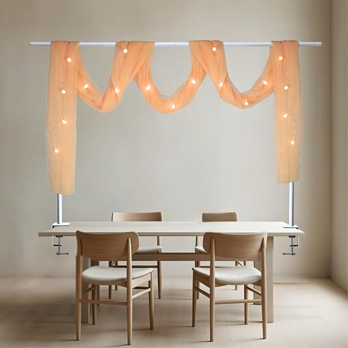 Beyeutao Over The Table Rod Stand with Clamps Over Table Display Bar H30-45'' L16-87''Adjustable Table Arch Rod with Gold Mesh Curtain Table Balloon Arch Stand for Wedding Birthday Christmas