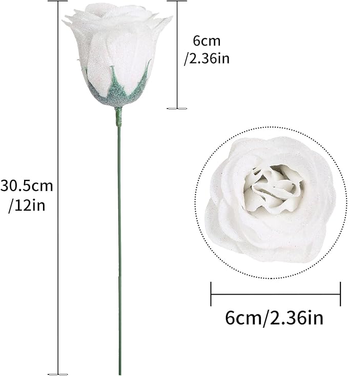 Glitter Flowers,30PCS White Roses Artificial Roses with Stems for Wedding Bouquet Party Christmas Home Decor(White)