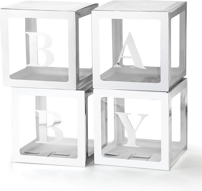 Baby Boxes with Letters for Baby Shower, Baby Shower Decorations with 4 Balloon Boxes for Gender Reveal Baby Shower Decorations(Silver)