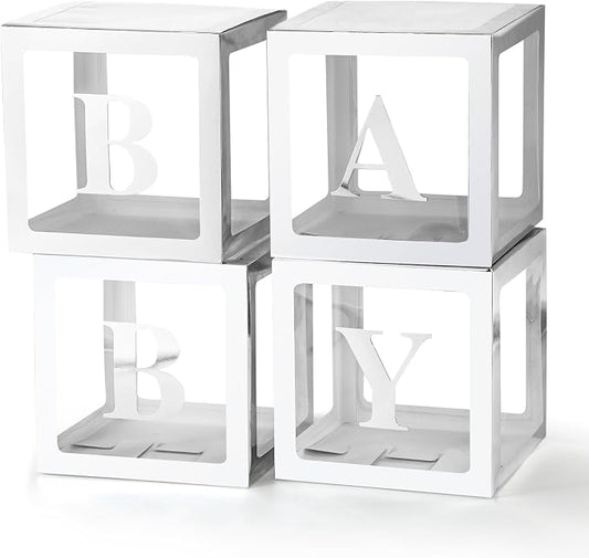 Baby Boxes with Letters for Baby Shower, Baby Shower Decorations with 4 Balloon Boxes for Gender Reveal Baby Shower Decorations(Silver)