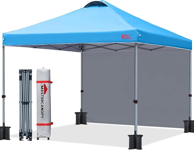 MASTERCANOPY 10x10 Pop Up Canopy Tent with 1 Sidewall, 1 Person Setup Instant Shelter, Outdoor Portable Beach Canopy, 1 Roller Bag, 4 Sandbags, 4 Ropes, 8 Stakes (10x10, Sky Blue)