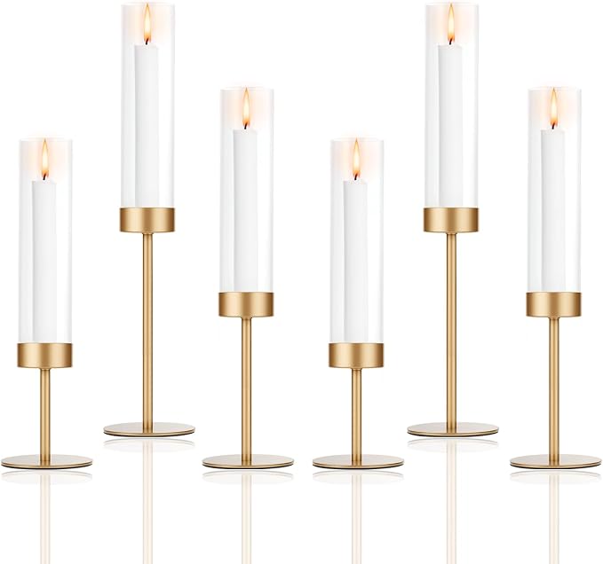 POKINE Set of 6 Gold Candle Holders, Tall Hurricane Candlestick Holders with Glass for Taper and Pillar Candles, Home Decor for Wedding, Christmas, Party, Anniversary, Dining Table