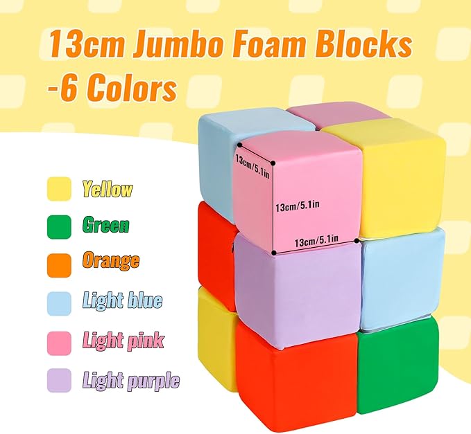 12-Pack 5 Inch Foam Cubes, Soft Play Pit Fillers for Indoor Games, Trampoline & Rock Climbing Mats - 6 Colors (Yellow/Green/Blue/Pink/Purple/Orange)