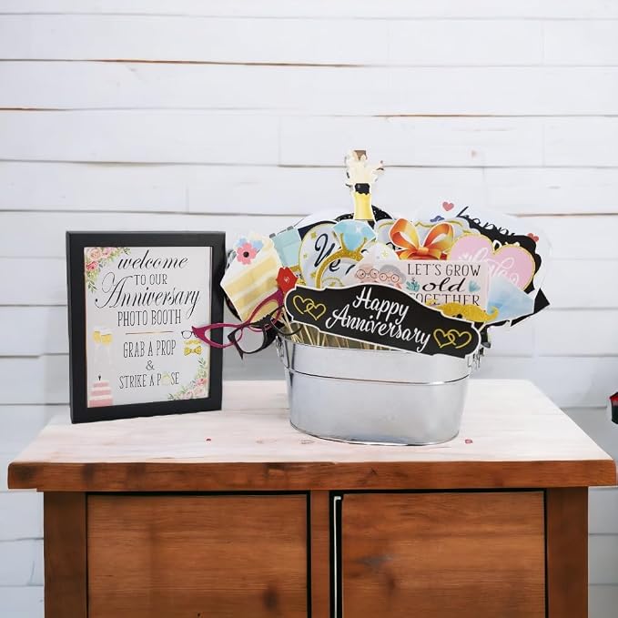 Anniversary Photo Booth Props - 41-pc Photobooth Kit with 8 x 10-Inch Sign, 60 Adhesive Pads, 45 Sticks - Wedding Anniversary Photo Props - Wedding Photo Booth Props