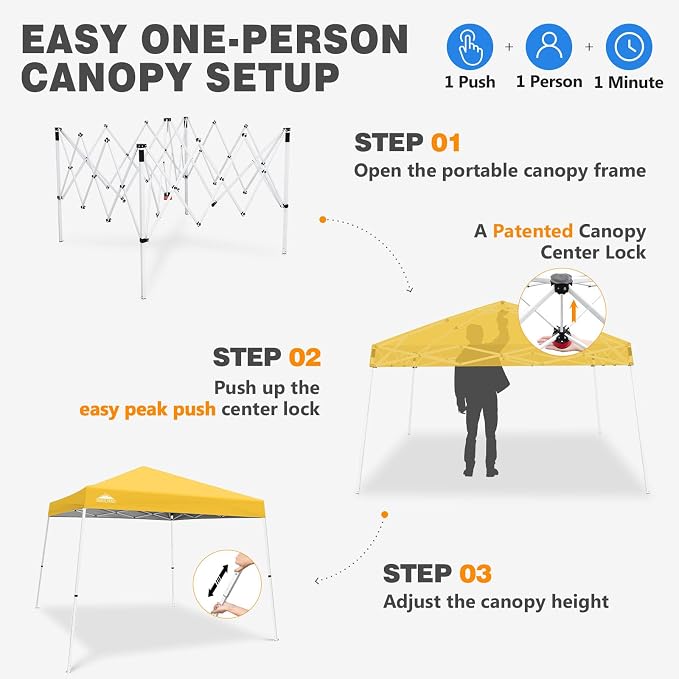 EAGLE PEAK 10x10 Slant Leg Pop-up Canopy Tent Easy One Person Setup Instant Outdoor Beach Canopy Folding Portable Sports Shelter 10x10 Base 8x8 Top (Yellow)