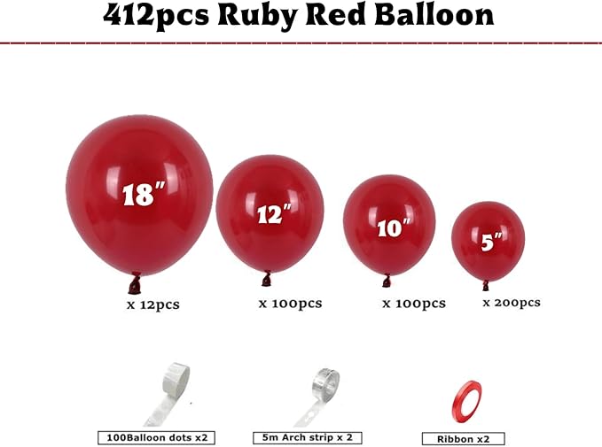 412pcs Ruby Red Balloon Arch Kit,18 12 10 5 Inch Different Sizes Matte Latex Balloons for Valentine's Day Graduation Wedding Christmas Birthday Party Decorations