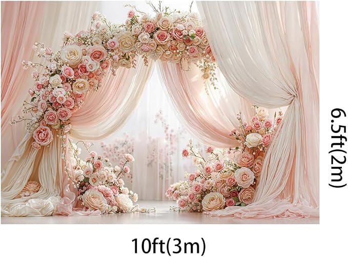 Kate Wedding Backdrop Pink Floral Arch Photography Background 10x6.5ft Blush Pink and Ivory Curtain with Roses Flower Decor Backdrop for Bridal Shower Photo Booth Props Backdrop