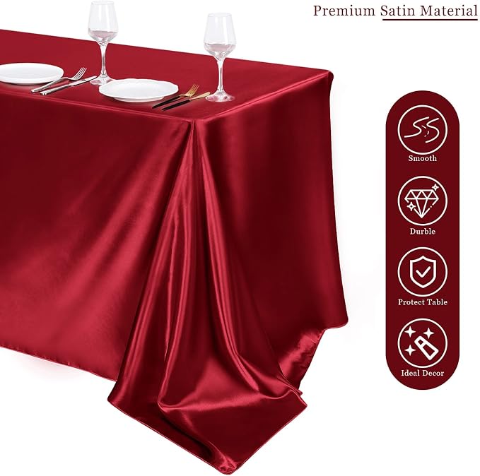 TURSTIN 4 Packs Satin Tablecloth 102 x 58 Inch Overlay Satin Table Cover Rectangle Bright Silk Tablecloth Smooth Fabric Table Decoration for Wedding Banquet Party Events, Burgundy
