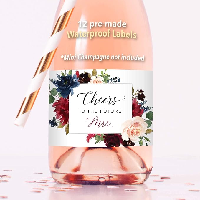 Cheers to the Future Mrs. - 12 Mini Champagne Bottle Labels, Waterproof Mini Wine Bottle Labels for Bridal Shower Bachelorette Party (Burgundy Navy Floral, 12 Mini Bottle Labels)