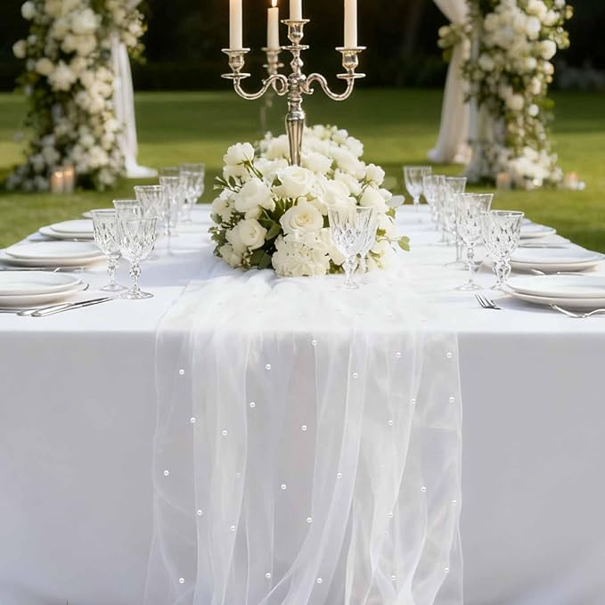 WELTRXE Pearl Table Runner 120 Inch 10FT, White Gauze Table Runners, Rustic Boho for Holiday Wedding Decor, Home Party ,Baby Shower, Birthday Party