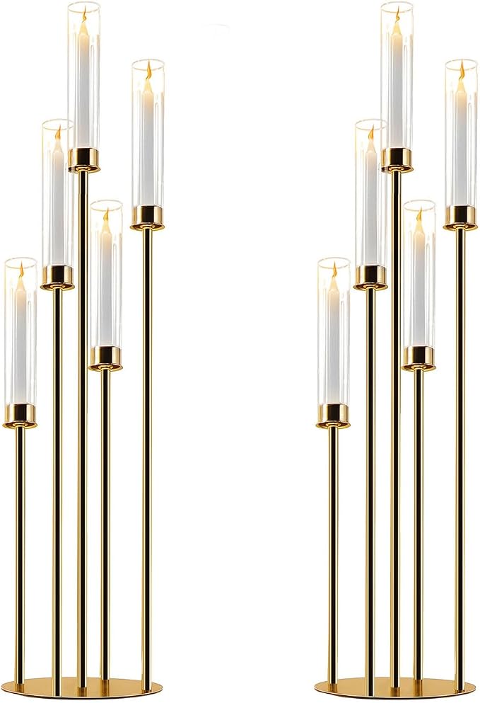 Gold Candelabra with Glass Cylinders for Real Candles 5 Arms Metal Candle Holder Wedding Event Party Home Decoration Centerpiece (2, L)