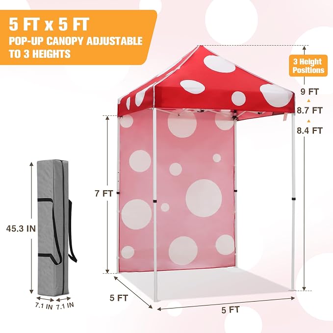 EAGLE PEAK Pop up Canopy 5x5, Outdoor Portable Canopy Tent with One Removable Sunwall, Carry Bag Included, Red Mushroom