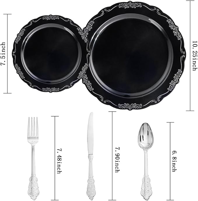 DaYammi 150 Pcs Black Silver Plastic Plates & Silver Plastic Silverware,Black silver Disposable plates for Include 30 Dinner Plate,30 Dessert Plate,30 Knives,30 Forks,30 Spoons for Party Wedding