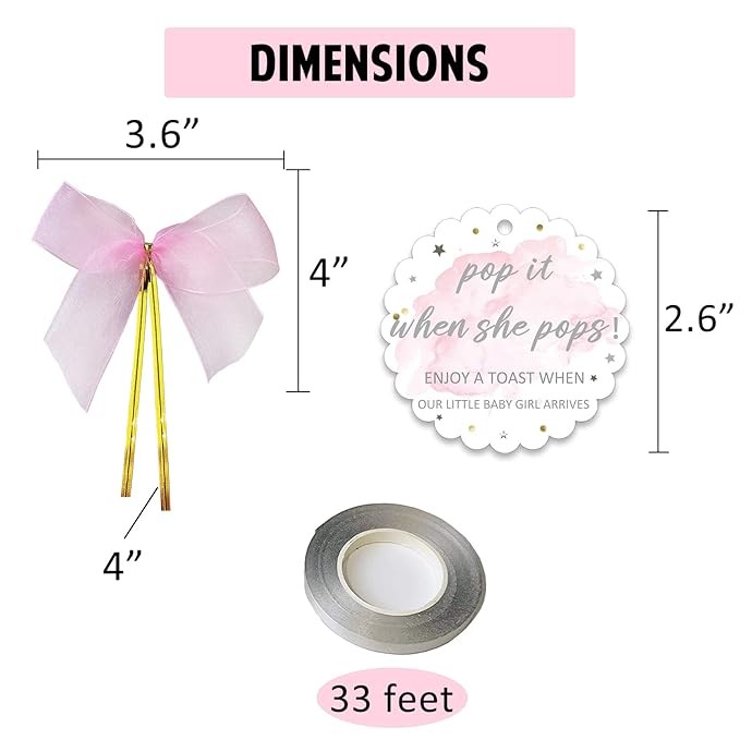 Pink Pop It When She Pops Baby Shower Bottle Tags, Pop the Bubbly When She Pops Tags, Girls’ Champagne Baby Shower Favor Label with Bows Set of 30