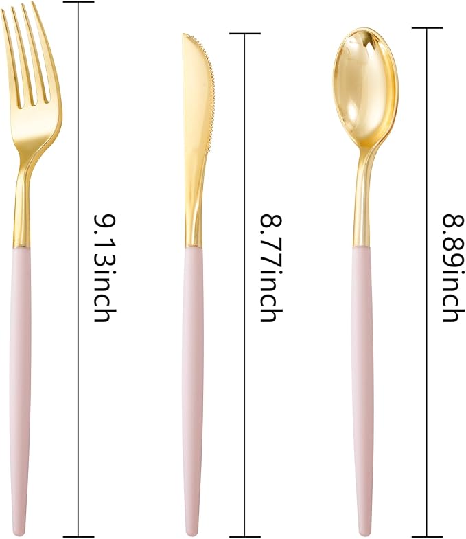 I00000 60 Pack Pink Plastic Silverware,Gold Disposable Flatware with Pink Handle, Gold Plastic Cutlery Set Includes: 20 Forks, 20 Knives and 20 Spoons, Tableware Set for Party and Wedding