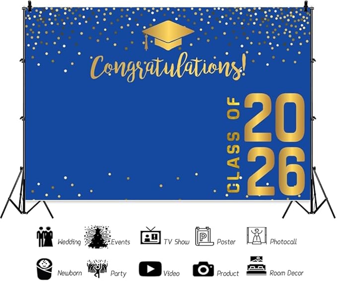 ChloropLastid 6x4ft Congrats Grad Backdrop Blue Gold Class of 2026 Glitter Dots Photography Background Bachelor Cap Graduation Backdrop Banner for Graduation Prom Party Photo Booth Props