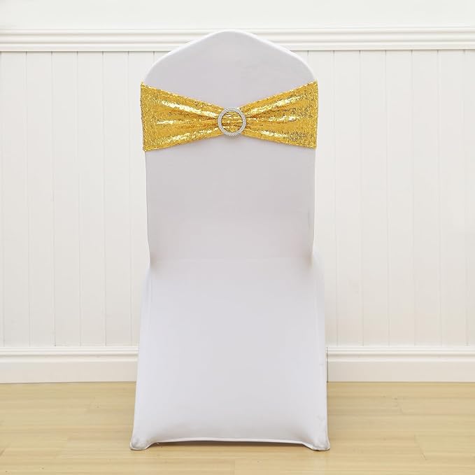 Full Sparkly Sequins Gold Chair Sashes for Wedding, Shimmering Glitter Chair Bands Bows for Party Ceremony Event Decorations - 50 Pack