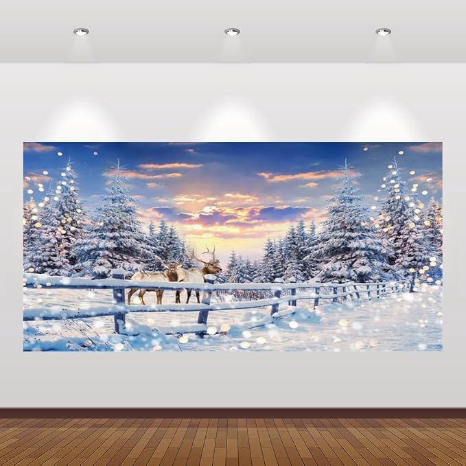 Winter Wonderland Christmas Backdrop 20x10ft for Photography Forest Reindeer Snow Winter Scene Backdrop for Pictures Christmas Party Holiday Background Decorations Photo Booth