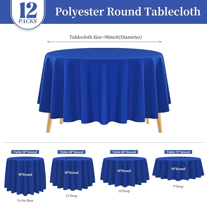 Pesonlook 12 Pack Round Tablecloth 90inch-Royal Blue Washable Fabric Polyester Round Table Cloths for Wedding/Party/Banquet/Dining/Buffet Table