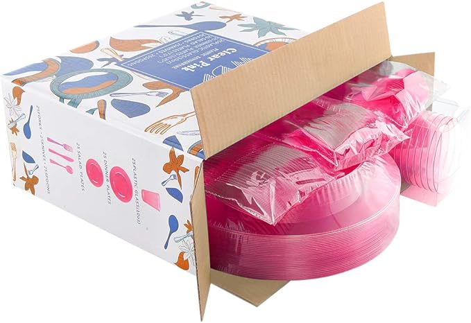 WDF 25 Guest Pink Plates with Pink Plastic Silverware&Pink Cups-Neon Clear Disposable Dinnerware include 50 Plates,25Forks, 25 Knives, 25 Spoons,25 Plastic Cups for Party and Baby Shower