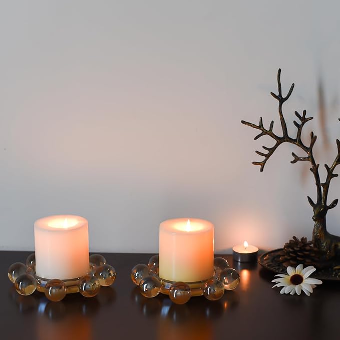 Kitcom Crystal Candle Holders Pack of 2 Pillar Candlestick Decorations for Home Party Dinner Christmas 5.9'' X 1.2'', Suitable for Large Cylindrical Candles, Champagne Color