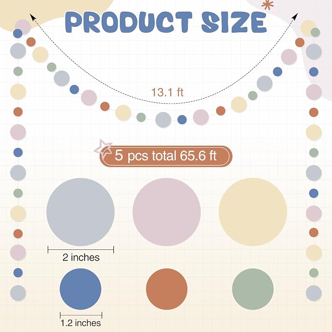 Outus 5 Pieces Colorful Circle Garland Banner Hanging Paper Dot Decorations for Classroom, Birthday Party, Baby Shower, Wedding Backdrop & Photo Booth Graduation Decor (Boho Color)