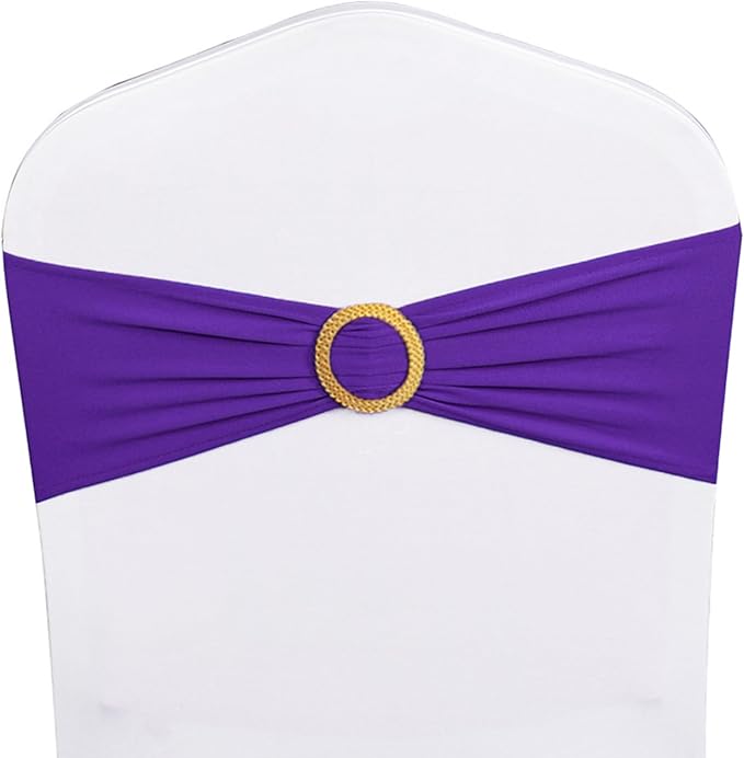 Pack of 50 Spandex Purple Chair Sashes with Gold Buckles, Stretch Chairs Sashes for Wedding Party Baby Shower Ceremony Event Decorations Chair Bands Bows (Purple Sashes, Gold Buckles)