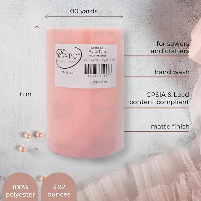 Expo International Decorative Matte Tulle, Roll/Spool of 6” X 100 Yards, Lightweight Polyester Tulle Fabric for Tutus, Costumes, and Party Decorations, Washable, Easy-to-Use, Pack of 12, Red