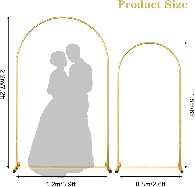 RUBFAC Metal Arch Backdrop Stand Set of 2 (6FT & 7.2FT), Gold Wedding Arch Frame Balloon Stand for Birthday Baby Shower Anniversary Bridal Graduation Indoor Outdoor Party Decoration