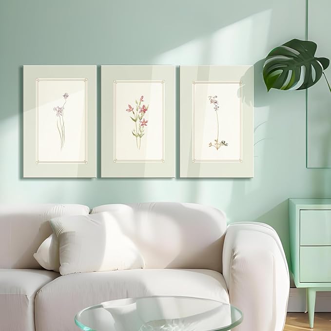 3pcs Framed Simple Vintage Floral Botanical Flower Wall Art Decor Canvas Print Natural Plant Artwork Wall Painting Poster Gallery Bedroom Living Room Office Decor 16x24 Inch Ready to Hang