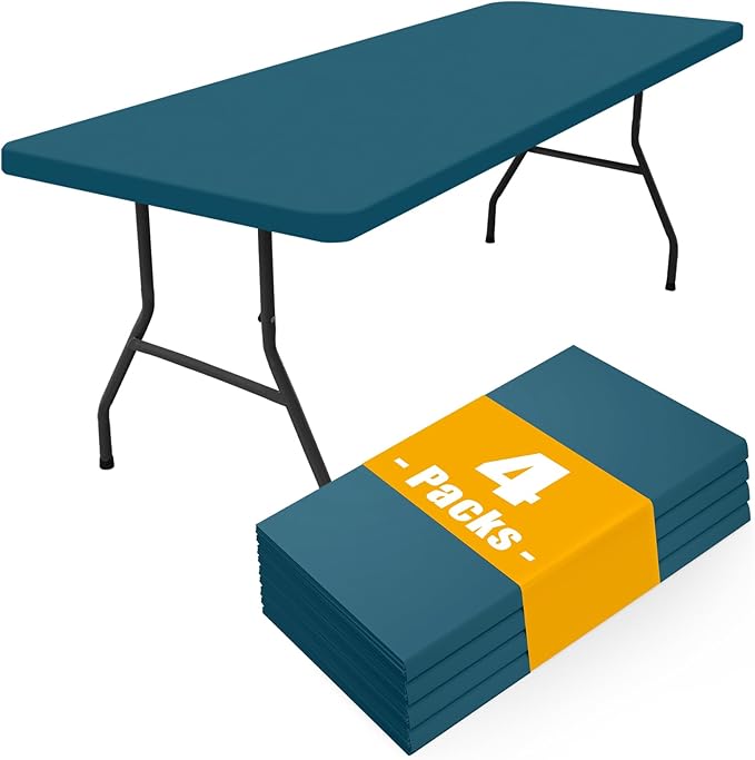Smiry 4 Pack Rectangle Picnic Table Cloth, Waterproof Elastic Fitted Tablecloths, Washable Polyester Rectangular Patio Table Cover for Camping, Indoor and Outdoor (Peacock Blue, 30"x96")