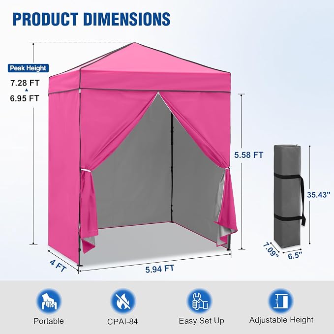 6x4 Pop Up Canopy Tent with Four Wall Panels, Instant Portable Beach Canopy, Outdoor Tent with Carry Bag for Camping, Sports, Tailgating, Events, Pink